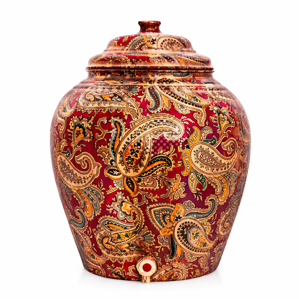 Handcrafted Pure Copper Water Pot With Maroon Printed Design